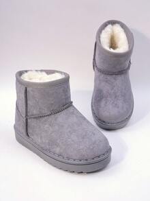 زوج من بوت الثلج المزيفة من الغزال الكلاسيكية للأطفال، لون أحادي، بطانة مبطنة، بوت شتوية دافئة، رأس مستدير قصير، كعب مسطح، طراز كاجوال، مناسبة للطقس البارد