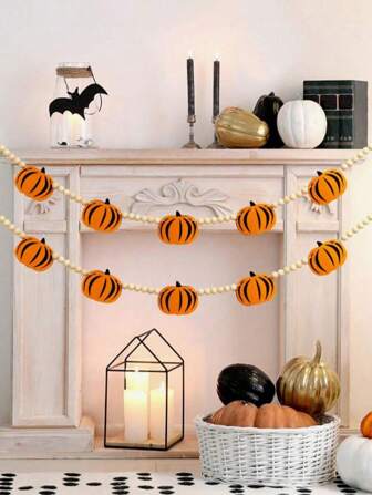 1pc Pumpkin & Wood Bead Wreath, Halloween Felt Pumpkin Wreath, Autumn Pumpkin Decor, Thanksgiving, Halloween Pumpkin Banner, Bedroom Ghost House Fireplace Wall Indoor Outdoor