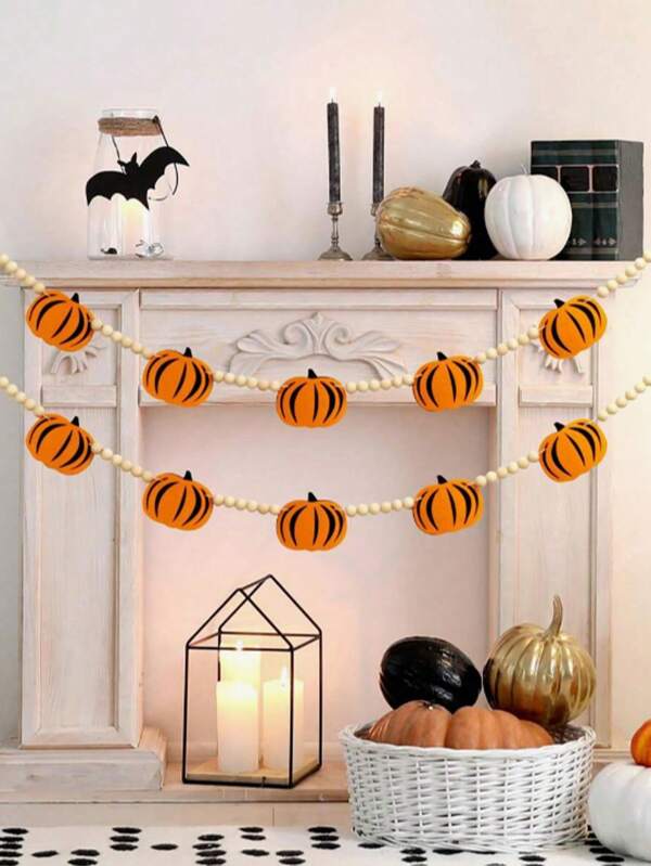 1 pieza Corona de calabaza y cuentas de madera, Corona de fieltro de calabaza de Halloween, Decoración de calabaza de otoño, Acción de Gracias, Pancarta de calabaza de Halloween, Fantasma de dormitorio Casa Chimenea Pared Interior Exterior