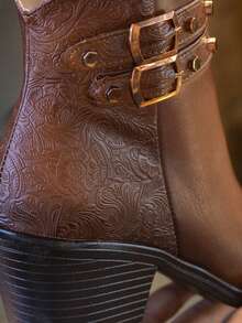 Botines de dama vaqueros grabados cómodos casuales puntales modernos moda blanco y camel tacón ancho cómodos western - Cognac - Ver 4