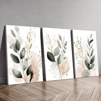 3 件现代植物插图帆布海报，可选框架墙面艺术装饰海报，适用于客厅装饰、卧室装饰、办公室装饰、走廊装饰、厨房 - 现代家居装饰礼物，无需电力，墙面装饰，带框架的墙面艺术