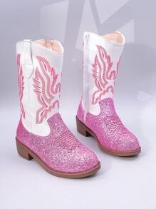 1 Pair Kids Boots, Pink Sequined Embroidered Western Cowboy Boots, Mid-Calf Zipper, Chunky Heel, Suitable For Daily And Holiday Wear