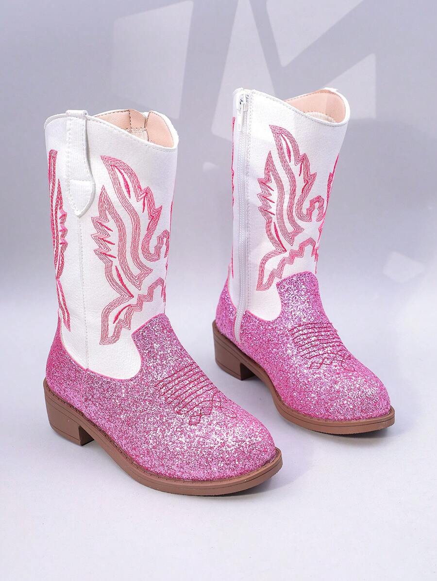 1 Pair Kids Boots, Pink Sequined Embroidered Western Cowboy Boots, Mid-Calf Zipper, Chunky Heel, Suitable For Daily And Holiday Wear