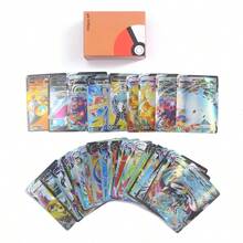 pokemon 100 pièces/boîte Figurines d'anime TOMY, cartes éclair en anglais et en français V MAX P-Oke-Mon, jeu de collection de cartes, 25 cartes aléatoires, boîte de collection de cartes de super bataille premium TCG (séries V Vmax, cartes rares GX), cadeau pour fans d'anime, carte de transaction pour fête, collection de cartes de trésor de jeu, fournitures scolaires, rentrée scolaire
