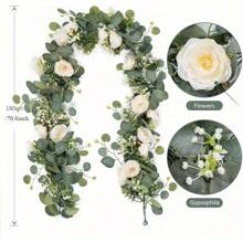 2 Piezas Corona artificial de eucalipto de 70 pulgadas, decorada con rosas blancas y hojas frescas, con enredadera de plástico verde para decoración romántica de bodas, compromisos, fiestas, ambiente de pared interior/exterior, decoración interior y exterior | Enredadera decorativa | Hojas verdes frondosas, decoración de eucalipto
