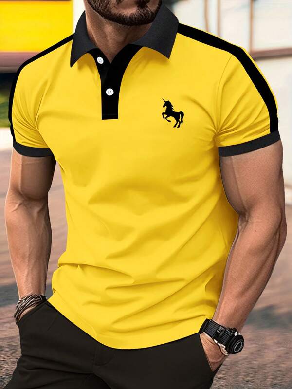 Summer New Men's Short-Sleeved T-Shirt Colorblock Polo Shirt Personalized Pony Pattern Printing Leisure Sports Polo Shirt High-End Business Lapel Paul Shirt