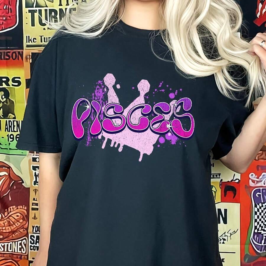 Pisces Shirt, Zodiac Sign Tshirt, Astrology T-Shirt, Pisces Queen Tee, Mystical, Horoscope, Graffiti, Star Sign, Birthday, Coic, Airbrush - Black - View 1