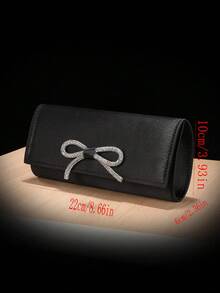 1pc Satin Material Fashion Rhinestone Bow Decor Shoulder Clutch Bag, Elegant Evening Bag; 1pc Satin Material Satin Evening Bag - Black - View 3