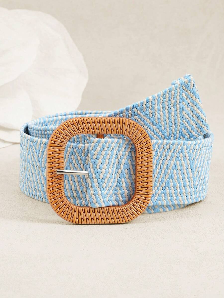 1 件夏季波西米亚手工木珠彩色编织弹力 PP 草编腰带，适合牛仔裤、连衣裙、日常通勤、派对、海滩度假、音乐节秋季、万圣节 - B - 查看 1