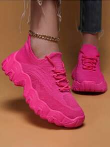 女士户外新款百搭日常舒适柔软透气网眼一脚蹬运动鞋，纯色休闲运动鞋 - 玫紅色 - 查看 3