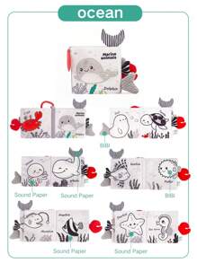 1pc Black & White & Grey Sea Animals Printed Fabric Book, Sponge Filling Soft Touch Baby Book, Suitable For Ages 0-6 Months, 3d High Contrast Soft Cloth Book, Washable Infant Early Educational Book