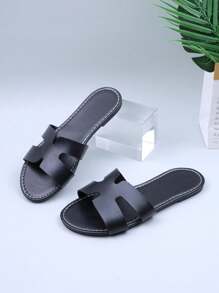 1 par de sandalias planas con diseño de "H" de estilo europeo y americano para adolescentes/mujeres de talla grande, de piel sintética (PU) con puntera abierta, antideslizantes, cómodas, aptas para uso en casa, exterior y playa