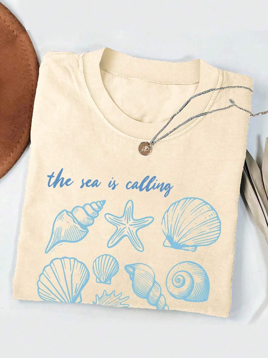 Women's Casual T-Shirt With Starfish & Shell Pattern, Suitable For Everyday Wear, Homewear And Beach Resort - Apricot - View 1