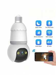 E27 Bulb Camera 1080P HD Night Vision Security Camera, Built-In 2 LED Lights Automatic Dual-Way Audio Tracking Camera, Wireless 360° Panoramic Auto Tracking Smart Home Camera
