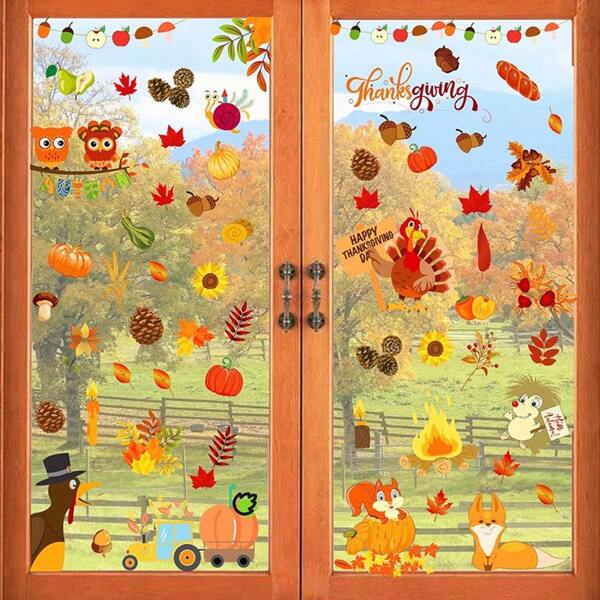 10 pegatinas de decoración de ventana de otoño hechas de material PVC, pegatinas de ventana con hojas de arce turcas y calabaza de acción de gracias, adecuadas para dormitorio, sala de estar y otras escenas