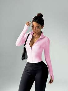 FWH Office-To-Gym Convertible,Bust-Enhancing & Waist-Slimming, Low Neckline For Yoga,Thumbhole Cuffs,Professional Yet Sexy,Tummy Control Zip Front With Thumbholes,Bust-Contouring Darts,4-Way Stretch Fabric,Elegant Performance Jacket,Plus Size Friendly,Women's Stretch Zip-Up Yoga Jacket - Pink - View 5