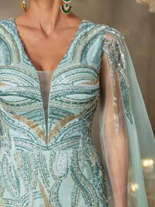 Faeriesty FAERIESTY Opulent Beaded V-Neck Evening Gown With Floor-Length Sheer Sleeves, Mermaid Silhouette & Dramatic Train | Luxury Red Carpet Dress For Galas, Formal Dinners, Wedding Receptions, Opera Galas, And Black-Tie Balls