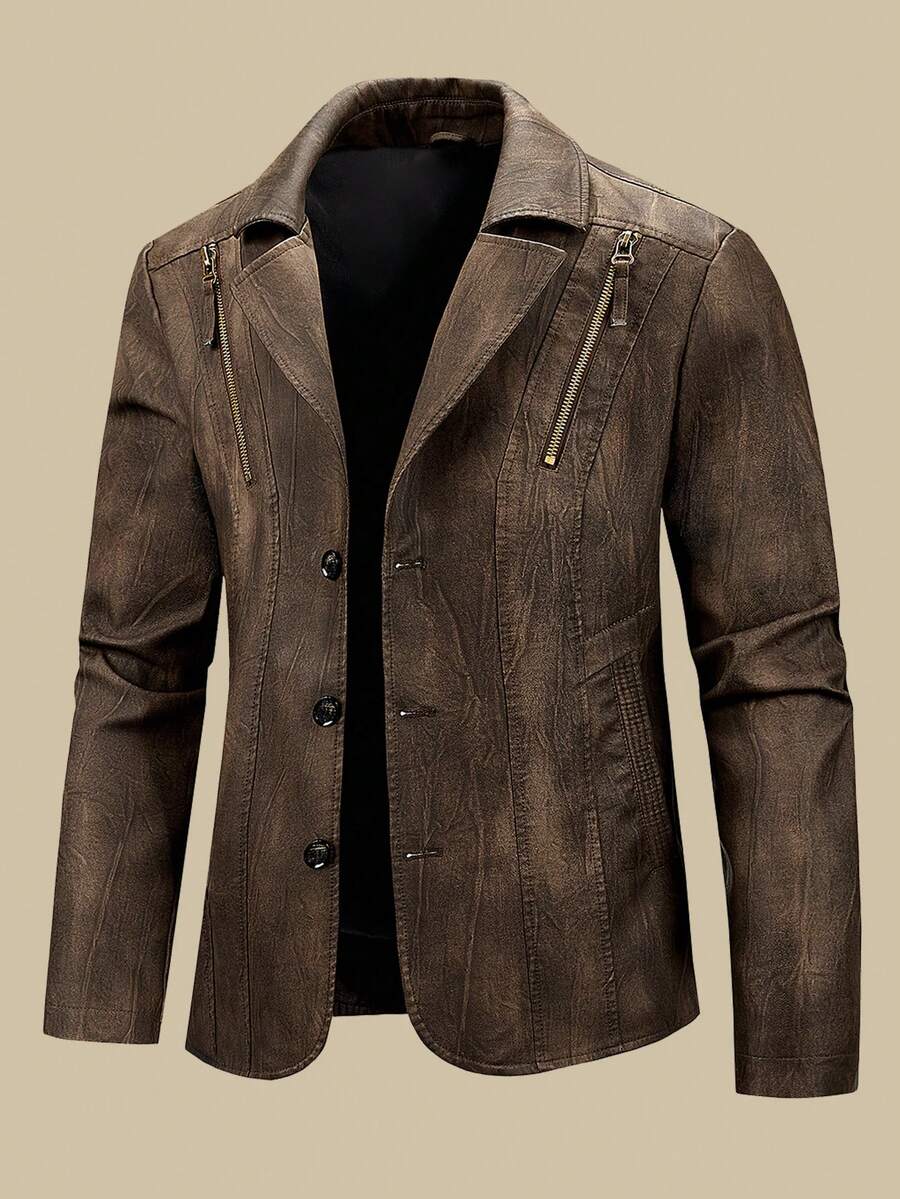 Men's Casual PU Leather Motorcycle Jacket With Notched Collar, 3-Button Design, Vintage Distressed Looks, Suitable For Business, Casual, Party, Autumn/Winter