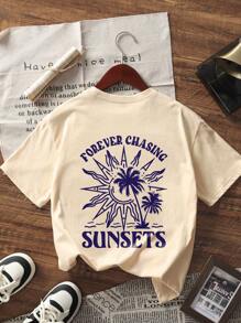 1pc Girls' Palm Tree Print Casual T-Shirt, Comfortable & Fashionable Summer Top For Young Students
