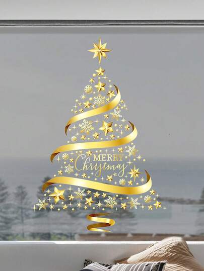 Golden Christmas Tree Window Clings Stickers For Glass Large Gold Xmas Tree Window Stickers Large DIY Static Wall Window Door Mural Showcase Decal Sticker - 24x35 Inches