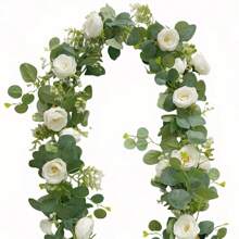 2 Piezas Corona artificial de eucalipto de 70 pulgadas, decorada con rosas blancas y hojas frescas, con enredadera de plástico verde para decoración romántica de bodas, compromisos, fiestas, ambiente de pared interior/exterior, decoración interior y exterior | Enredadera decorativa | Hojas verdes frondosas, decoración de eucalipto