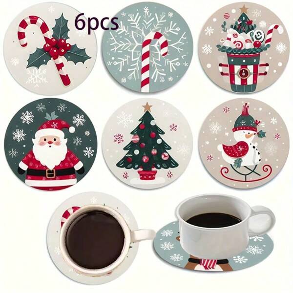8/6 Pcs Christmas Themed Round Wooden Coasters, Suitable For Beverages, Tea And Coffee Cups, Featuring Simple Santa Claus Patterns, Great For Home And Restaurant Decoration, Essential Holiday Gift