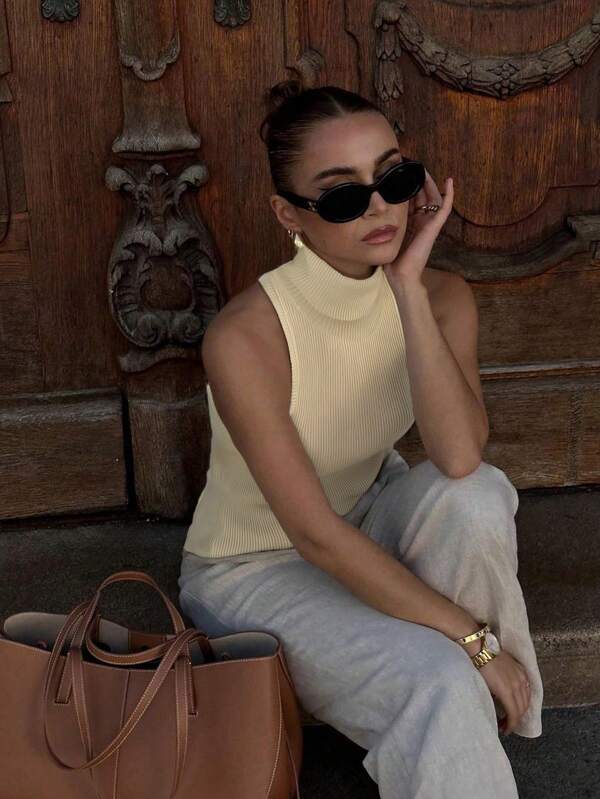 Women Solid Color Turtleneck Sleeveless Casual Knit Sweater Top, All Season