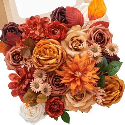 AUSOGO Fall Flowers Artificial Flowers Burnt Orange Fake Cake Flowers For DIY Wedding Bridal Bouquet Centerpieces Floral Arrangement Fall Decor Shower Home Decor