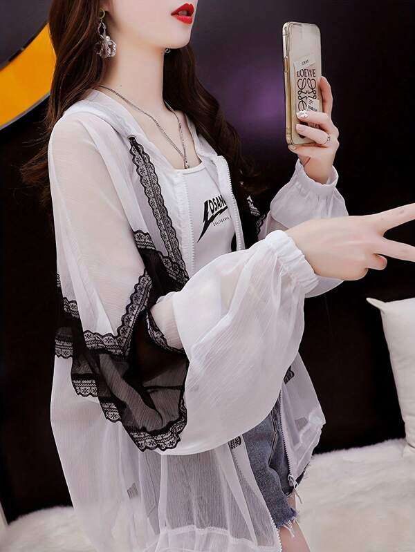 Lightweight Cardigan For Women - Elegant Lace Hollow Out, Semi-Sheer Cover Up For Spring, Summer, Autumn, Fair Design In Shirt Style, Light And Loose Summer Jacket