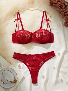 Valentine's Day Burgundy Floral Lace Underwire Lingerie Set – Women's Sexy & Supportive 2-Piece Lingerie - 紅色 - 查看 2