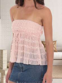 Women's Drawstring Ruched Tube Tops Solid Color Sleeveless Off Shoulder Babydoll Bandeau - Pink - View 4