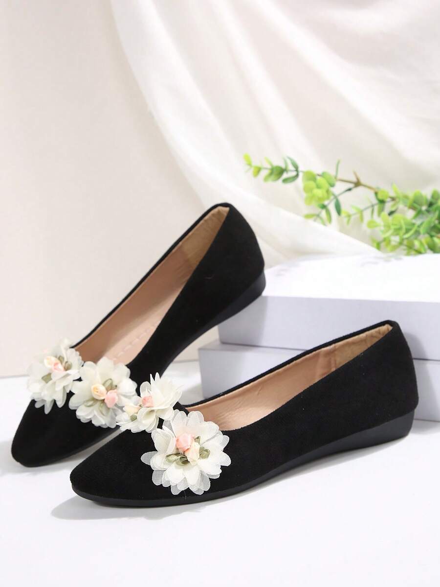 女士 3D 花卉尖头平底厚底鞋，橡胶底防滑耐磨轻便鞋，新款春秋法式优雅伴娘鞋