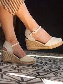 Alpargatas de plataforma con suela gruesa zapatos de cuña de moda para mujer con tira para sujetar el tobillo minimalista con suela antideslizante punta cerrada - Beis - Ver 2