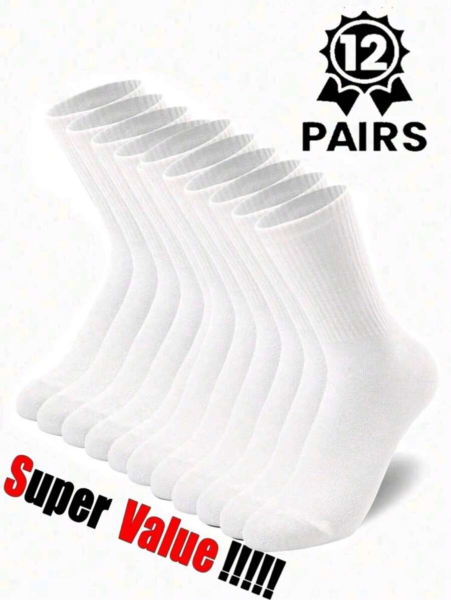 12 pares de meias brancas femininas de cano médio, confortáveis e modernas, adequadas para uso diário, esportivo e casual, podem ser usadas o ano todo.