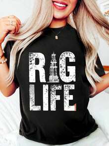 100% Cotton Funny Oil Rig Art For Oil Field Men Oilfield Lover Worker T-Shirt Women's Men's Oversized Comfort Soft Crew Neck Tee Tops - 黑色 - 查看 1