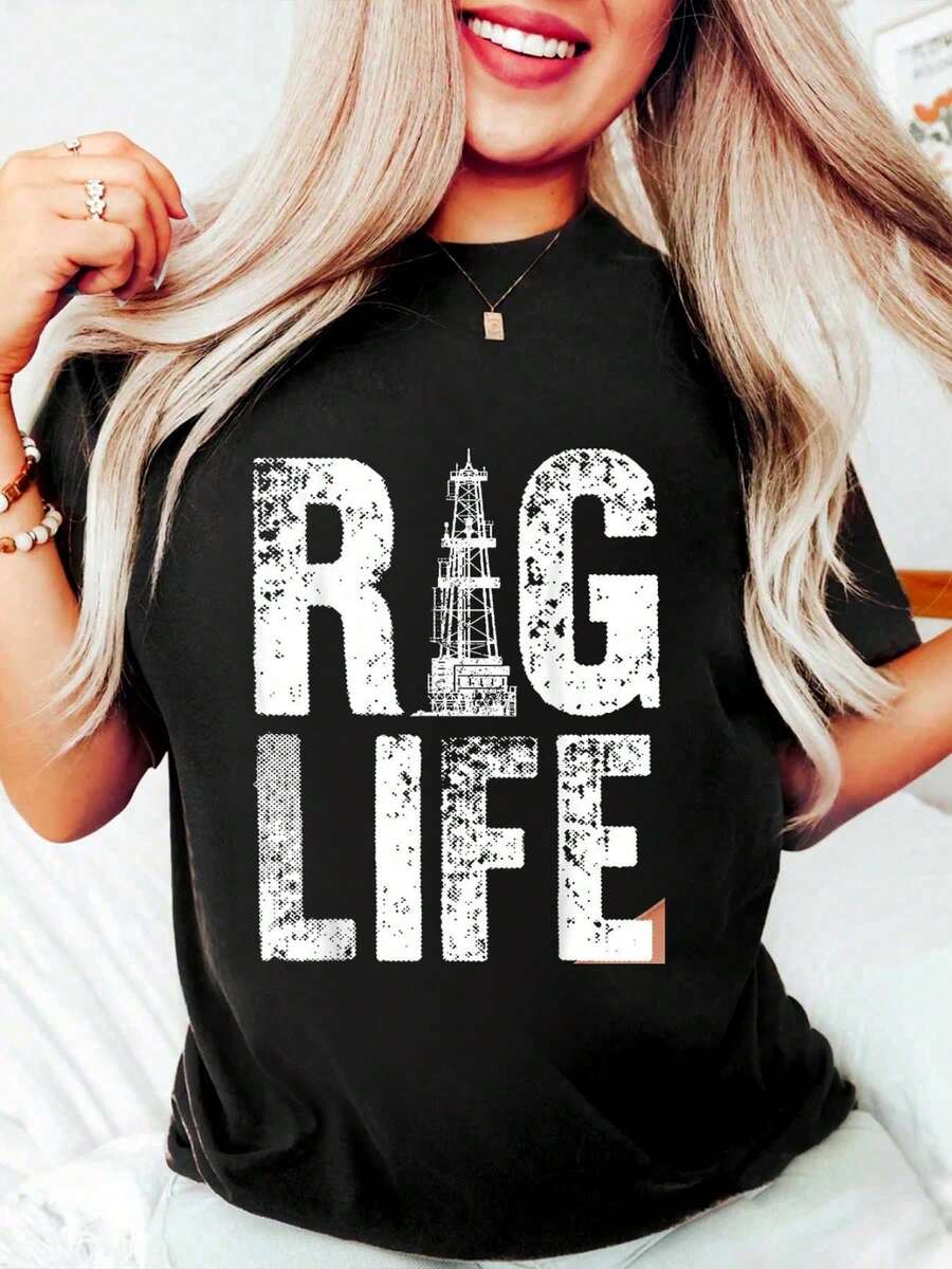 100% Cotton Funny Oil Rig Art For Oil Field Men Oilfield Lover Worker T-Shirt Women's Men's Oversized Comfort Soft Crew Neck Tee Tops - 黑色 - 查看 1