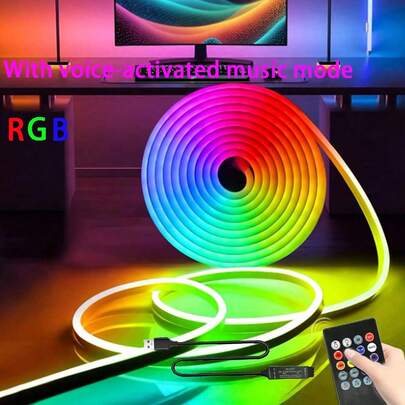 16.4 英尺智能 RGB 霓虹灯带，USB 供电，20 键遥控器，声控传感器闪烁功能，音乐同步，多色变幻 LED，适用于游戏、圣诞装饰和环境照明、LED 灯、电视背景装饰灯带、墙面装饰灯带、家居装饰灯带、房间装饰灯带、童话房间装饰灯带、生日装饰灯