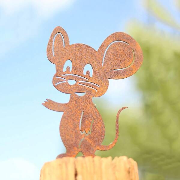 1 pieza Ratón de pie de metal con color óxido - Decoración rústica para jardín y cerca, arte de metal desgastado para el patio o el jardín