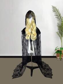 1pc Lace Hooded Cape Shawl, Black/White, For Wedding Bride, Holiday/Party Dress-Up