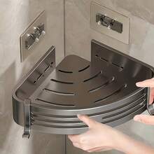 1pc Space-Saving Aluminum Bathroom Corner Shelf, Wall-Mounted Storage Rack With No Drilling Required, Triangular Design Suitable For Bathroom And Kitchen, Comes With Hooks, Essential For Back To School Season - Multicolor - View 2