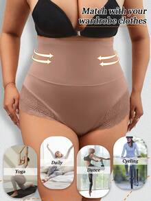 女士加大码塑身裤 - 腰腹塑身短裤，性感蕾丝光滑三角裤，高腰内裤 - 紅木色 - 查看 6