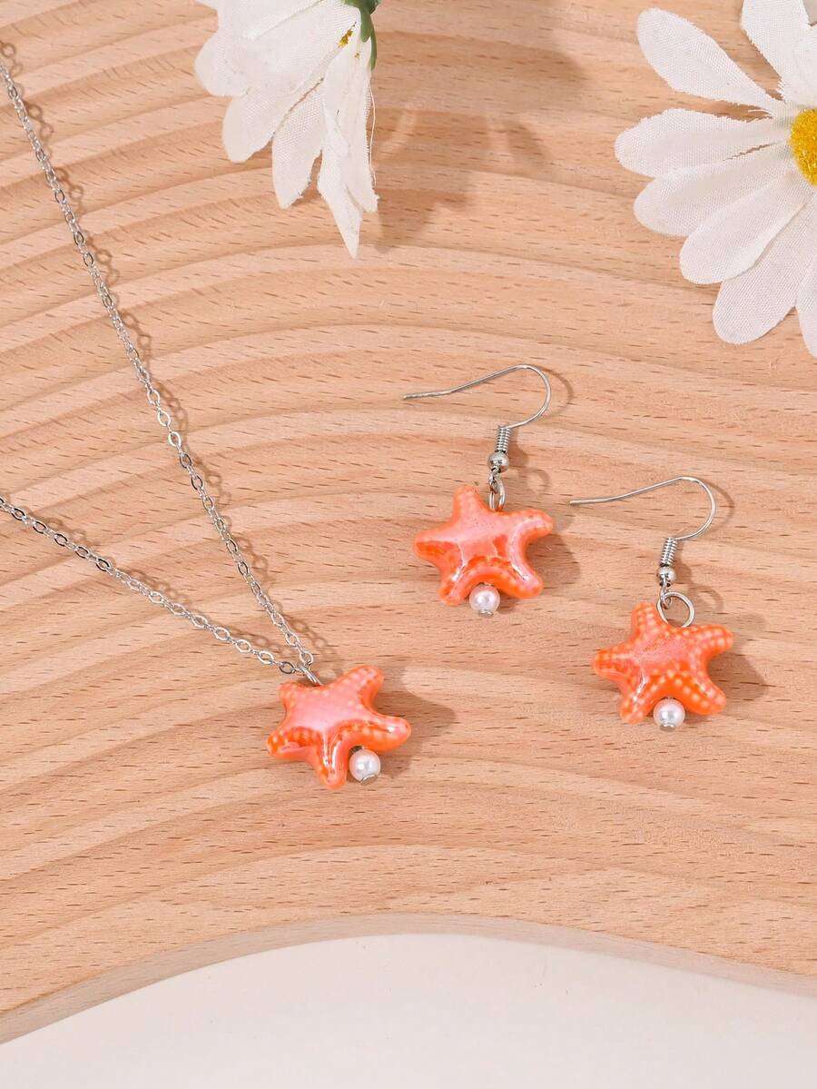 1 套（1 对耳环 + 1 条项链）可爱陶瓷海星吊坠耳环和项链首饰套装，适合女性日常休闲、沙滩、派对穿着、所有季节、节日礼物
