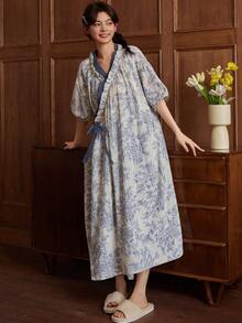 Women's Plus Size Floral Kimono Robe - Sweet Cartoon Print, Loose Summer Nightgown, V-Neck, Short Sleeve, Tie Detail, Lightweight Polyester, Suitable For Casual Home Wear - Blue - View 4