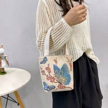 Summer New Fashion Mini Handbag, Double-Sided Gold Thread Embroidered Adorable Women Purse, Tote Bag, Butterfly Design