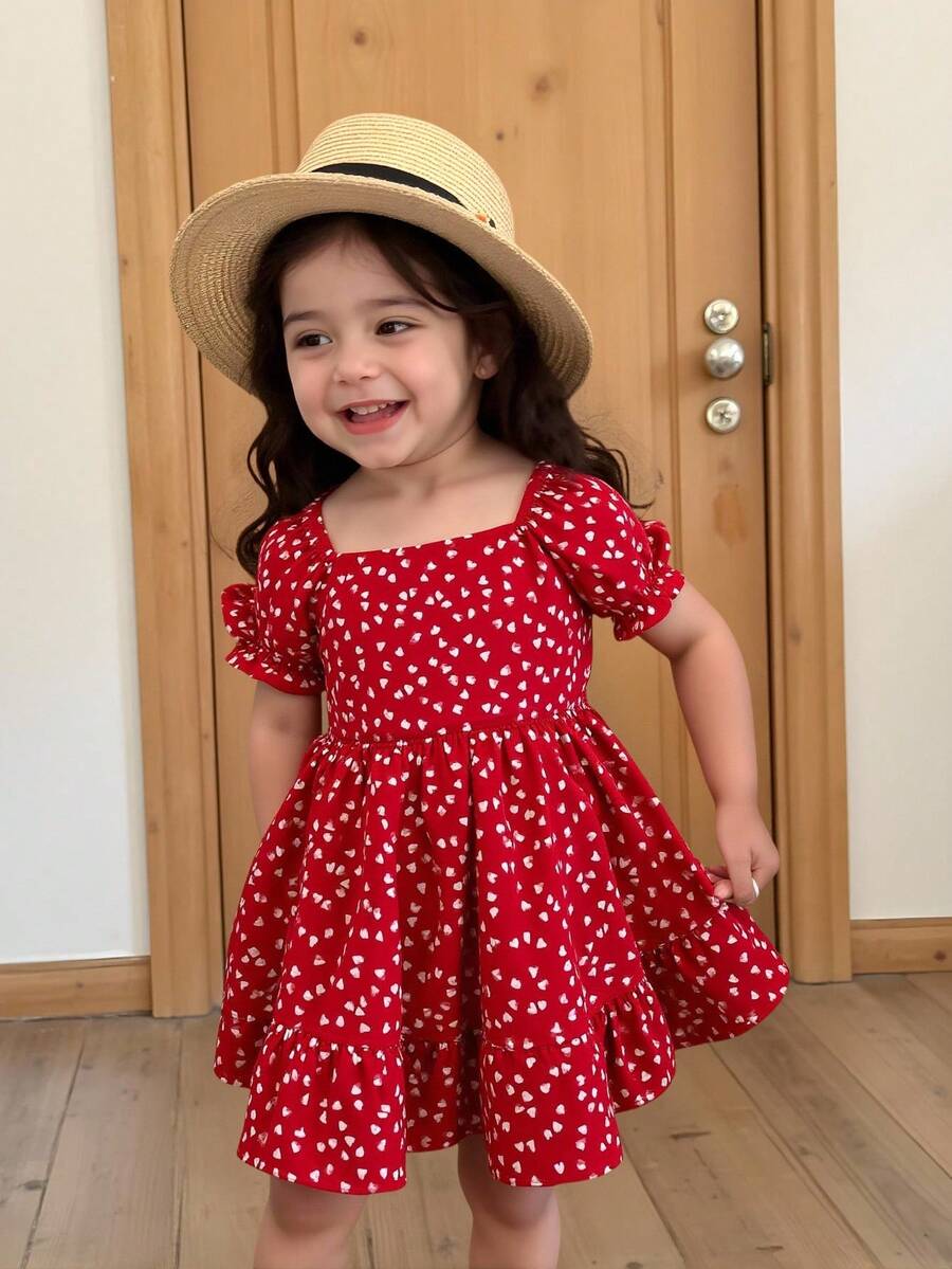 夏季少女情人节爱心印花方领泡泡袖鱼尾拼接连衣裙 - 紅色 - 查看 1