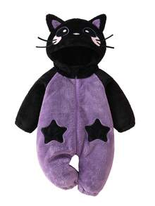 Newborn Baby Boy Girl Animal Costume Infant Cat Cosplay Hooded Bodysuit Toddler Fuzzy Warm Halloween Outfits - 黑色 - 查看 4
