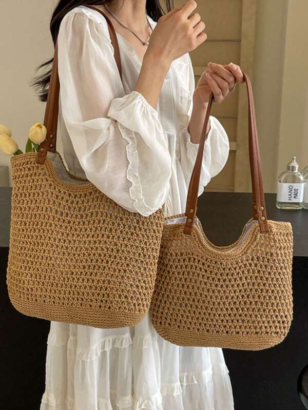 Bolso de playa, bolso de gran capacidad para mujer, estilo nuevo 2025, bolso de paja tejido versátil para uso diario con un solo hombro