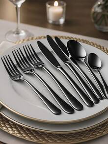 不锈钢餐具套装，4/16/24件套，金色/银色/黑色餐具套装 - 包括餐叉、餐勺和茶匙，沙拉叉可用于沙拉/开胃菜/甜点，迷你勺可用于茶/甜点/蛋糕/搅拌/水果/冰淇淋，可重复使用的汤匙和茶匙，适用于家庭、厨房、酒吧、餐厅、酒店。