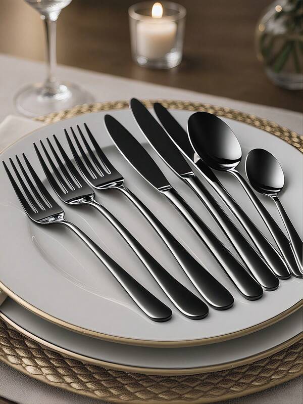 Juego de cubertería de acero inoxidable, set de 4/16/24 piezas en dorado/plateado/negro - Incluye tenedores de cena y ensalada, cucharas de cena y té, tenedores para ensalada/aperitivos/postre, y cucharitas pequeñas para té/postre/pastel/revolver/fruta/helado, cucharas soperas reutilizables, cucharillas de té, juego de cubertería para el hogar, cocina, bar, restaurante, hoteles