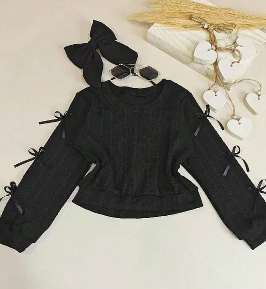 Children's Blouse With Bows On The Sleeves For Girls - màu đen - Xem 1
